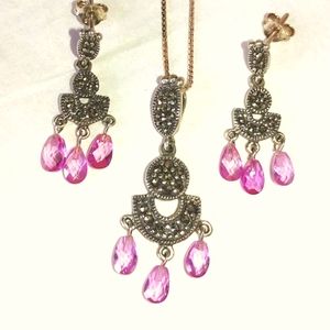 STERLING SILVER MARCASITE PENDANT & EARRINGS SET - PINK CRYSTALS